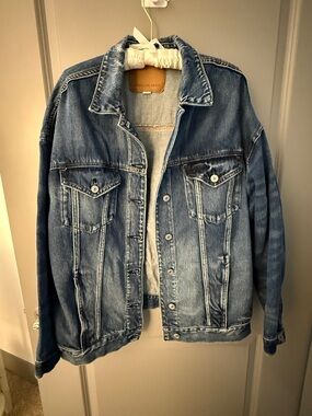 American Eagle Blue Denim Jacket with Tan Leather Patch